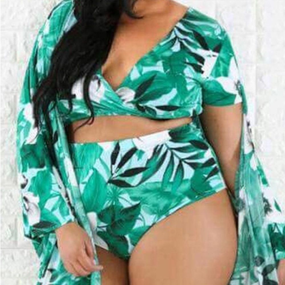 Green Fashion Print Basic V Neck Plus Size Swimwear 3pc Set